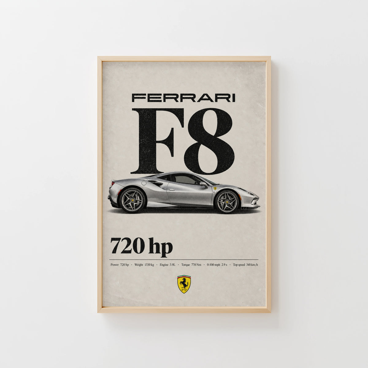 Vintage Ferrari F8 Print, Supercar Wall Art