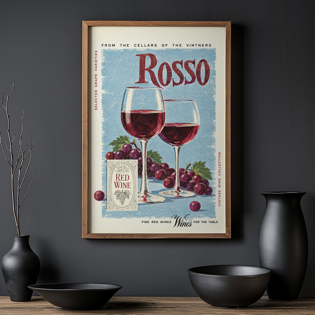 Vintage Rosso Red Wine Print Poster, Kitchen Wall Art