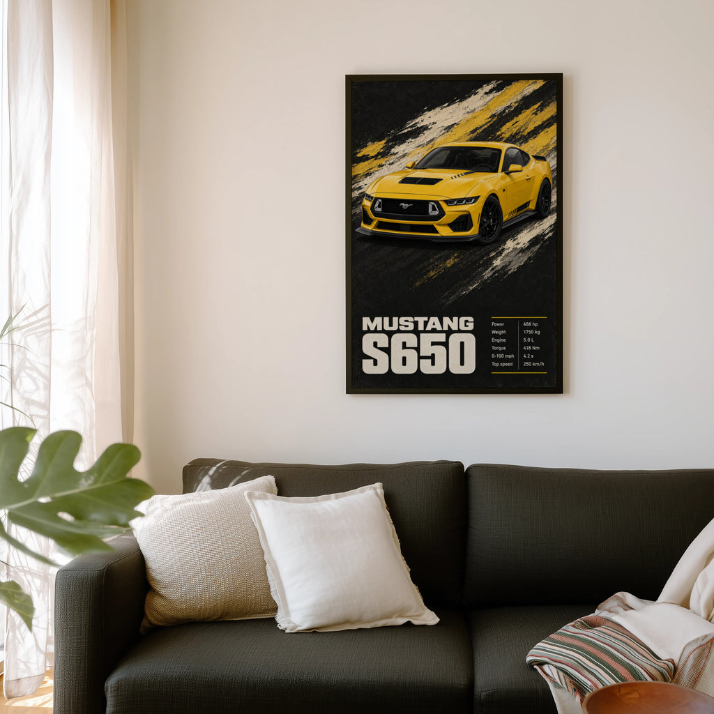 Vintage Mustang Print, Yellow Sports Car Wall Art