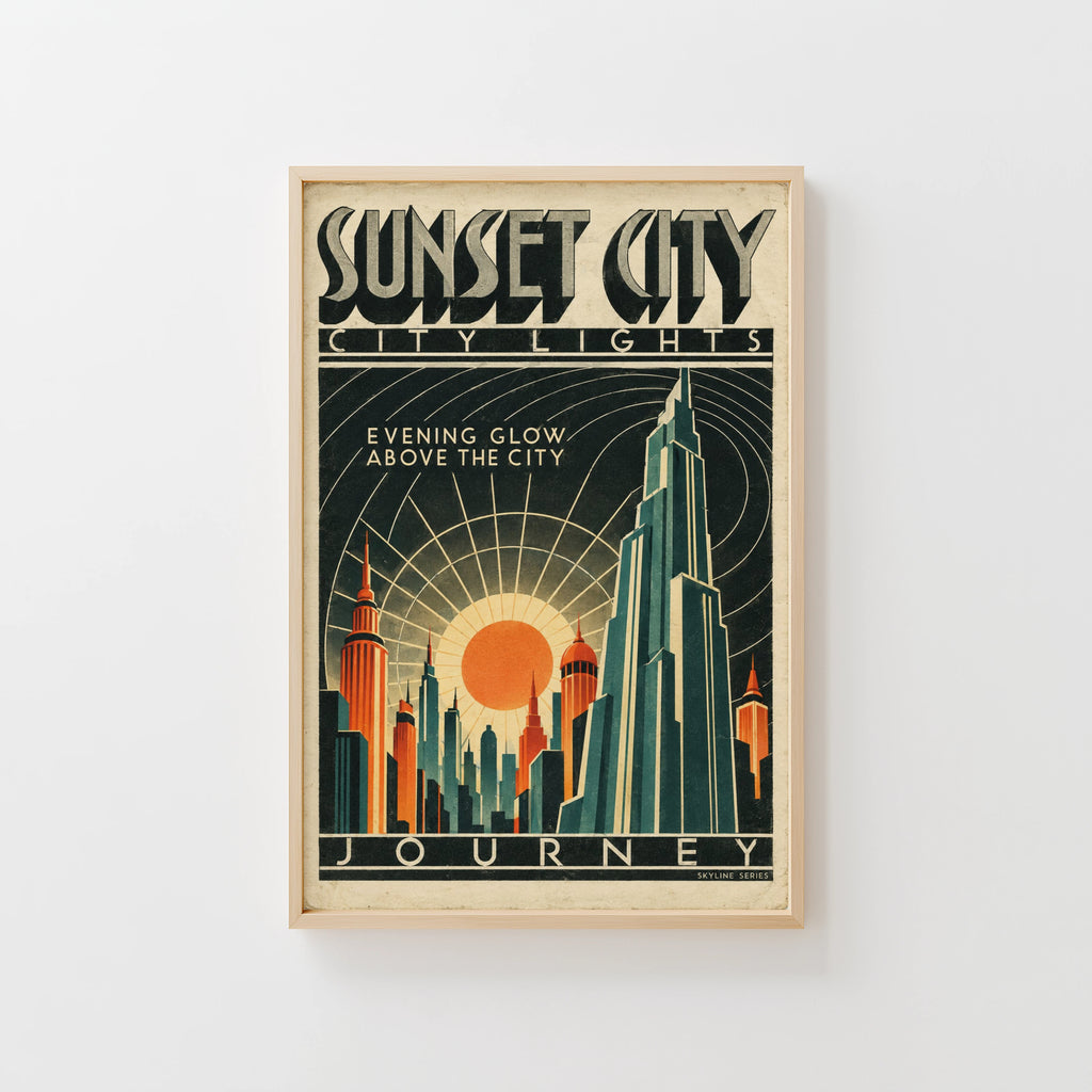 Vintage Sunset City Poster, Art Deco Skyline Print