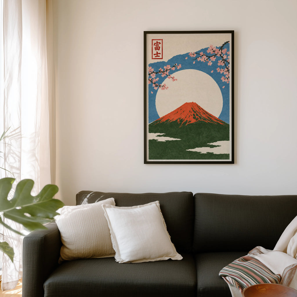 Vintage Mount Fuji Print, Japanese Poster, Cherry Blossom