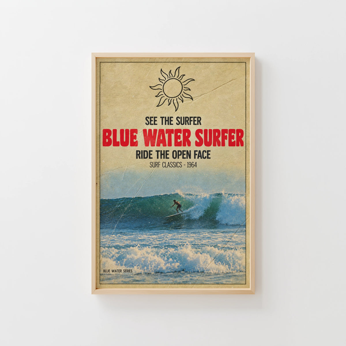 Vintage Blue Water Surfer Print, Surf Poster 1964