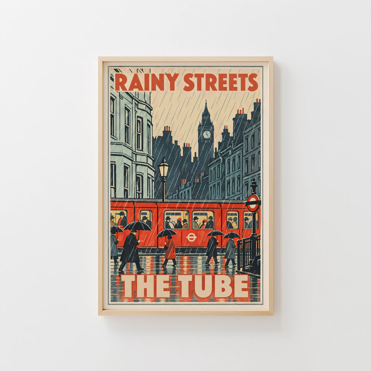 Vintage London Tube Poster, Rainy Streets Wall Art Print