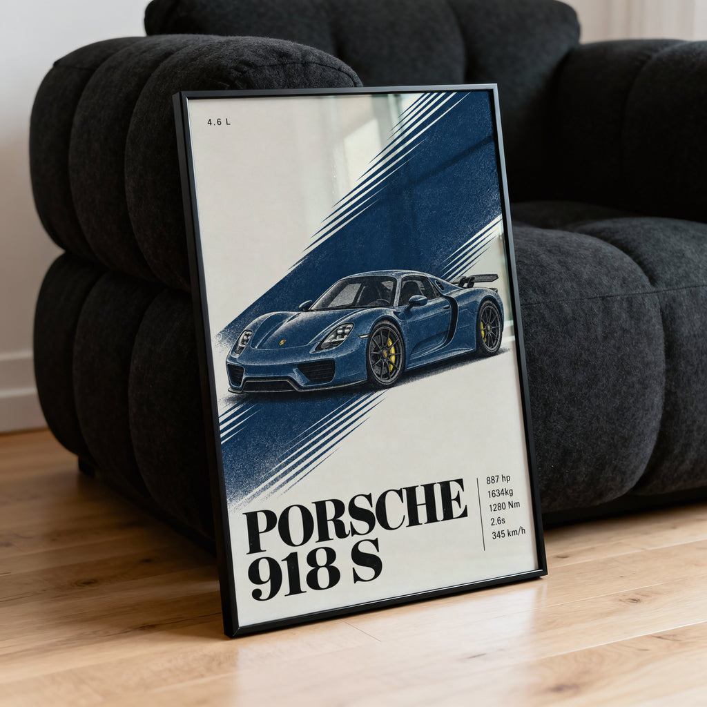 Vintage Porsche 918 S Print, Blue Car Wall Art