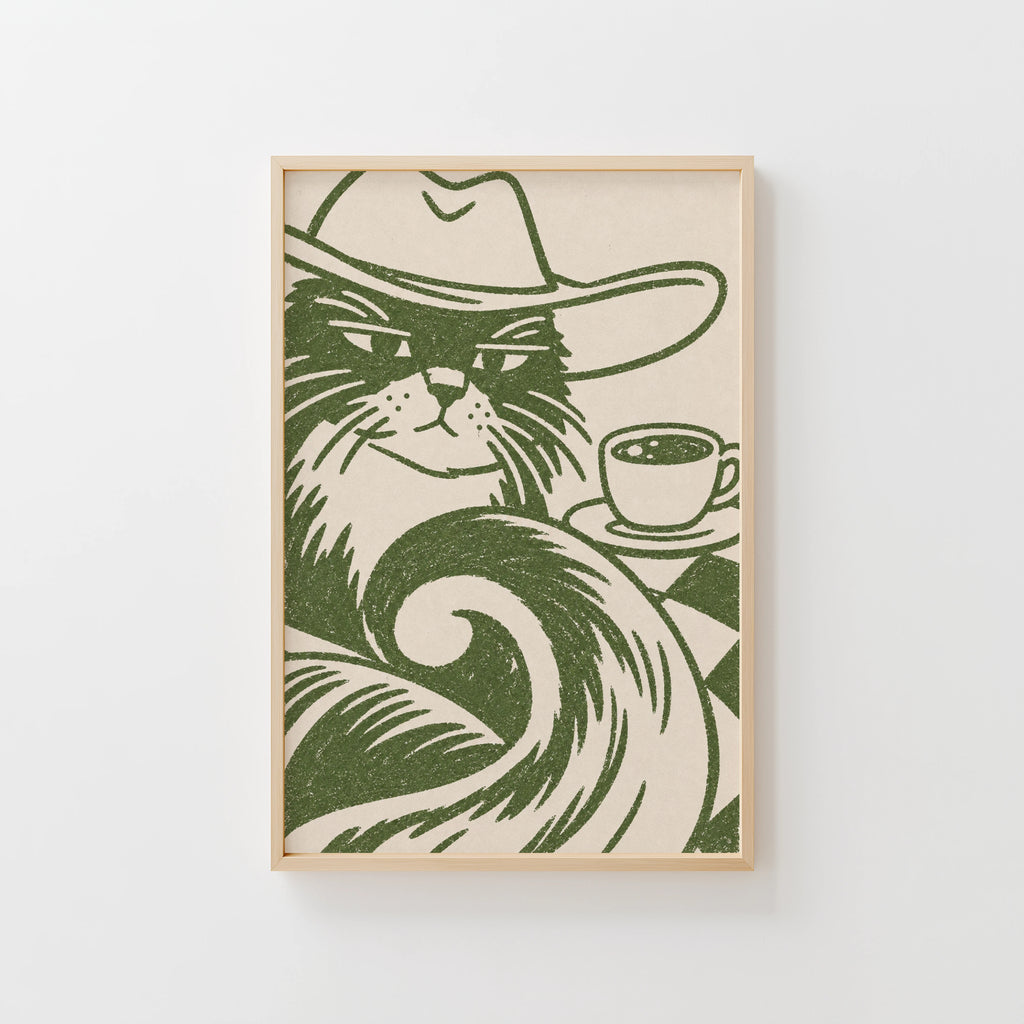 Vintage Cowboy Cat Coffee Print Poster, Green Wall Art