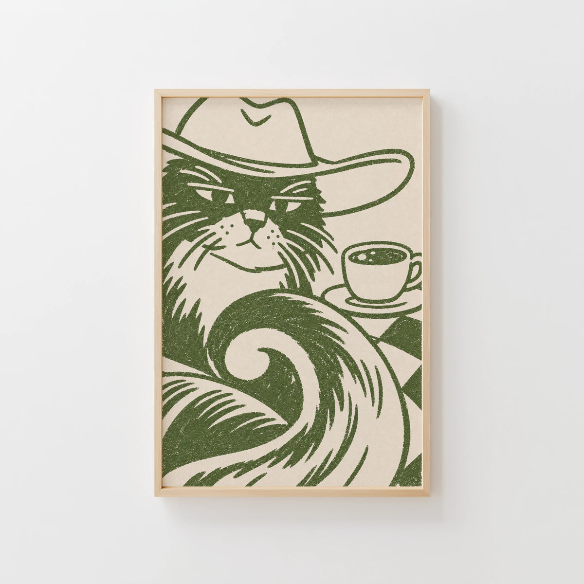 Vintage Cowboy Cat Coffee Print Poster, Green Wall Art