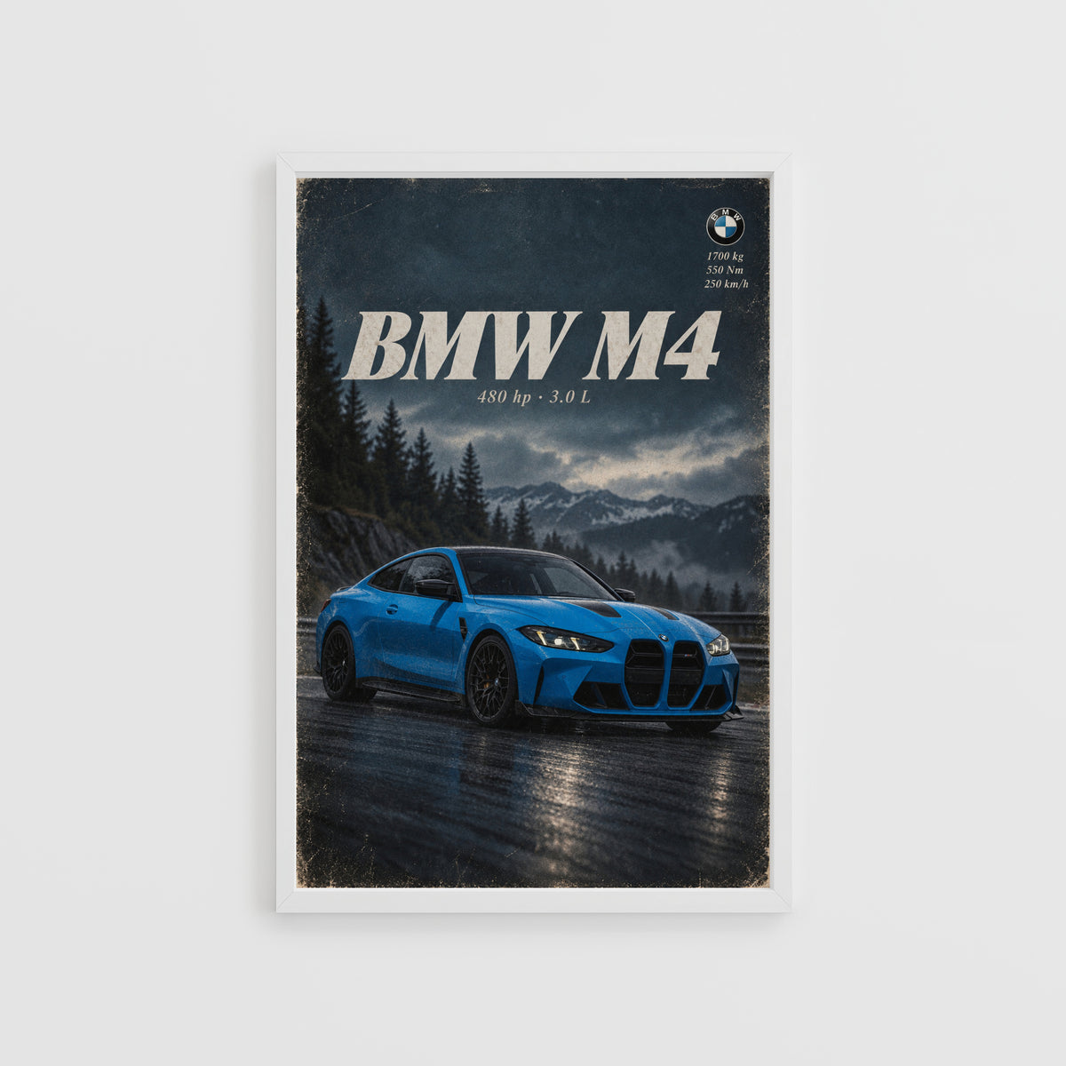 Vintage BMW M4 Print, Blue Coupe Car Wall Art