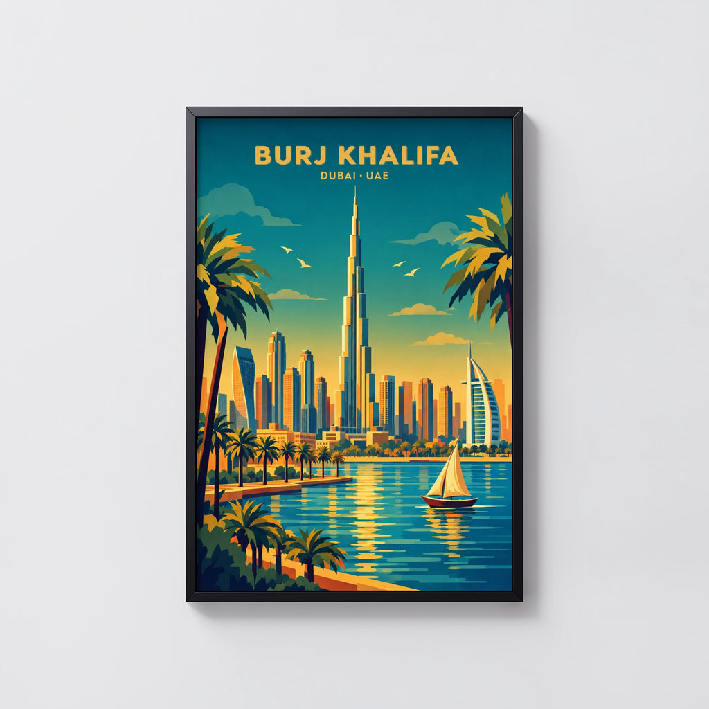 Vintage Dubai Poster, Burj Khalifa Wall Art, UAE Print
