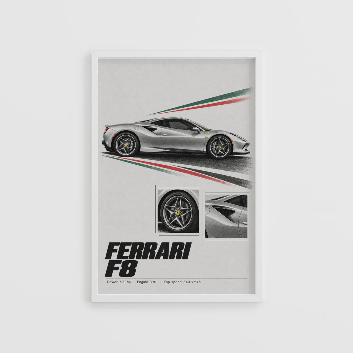Vintage Ferrari F8 Print, Supercar Wall Art