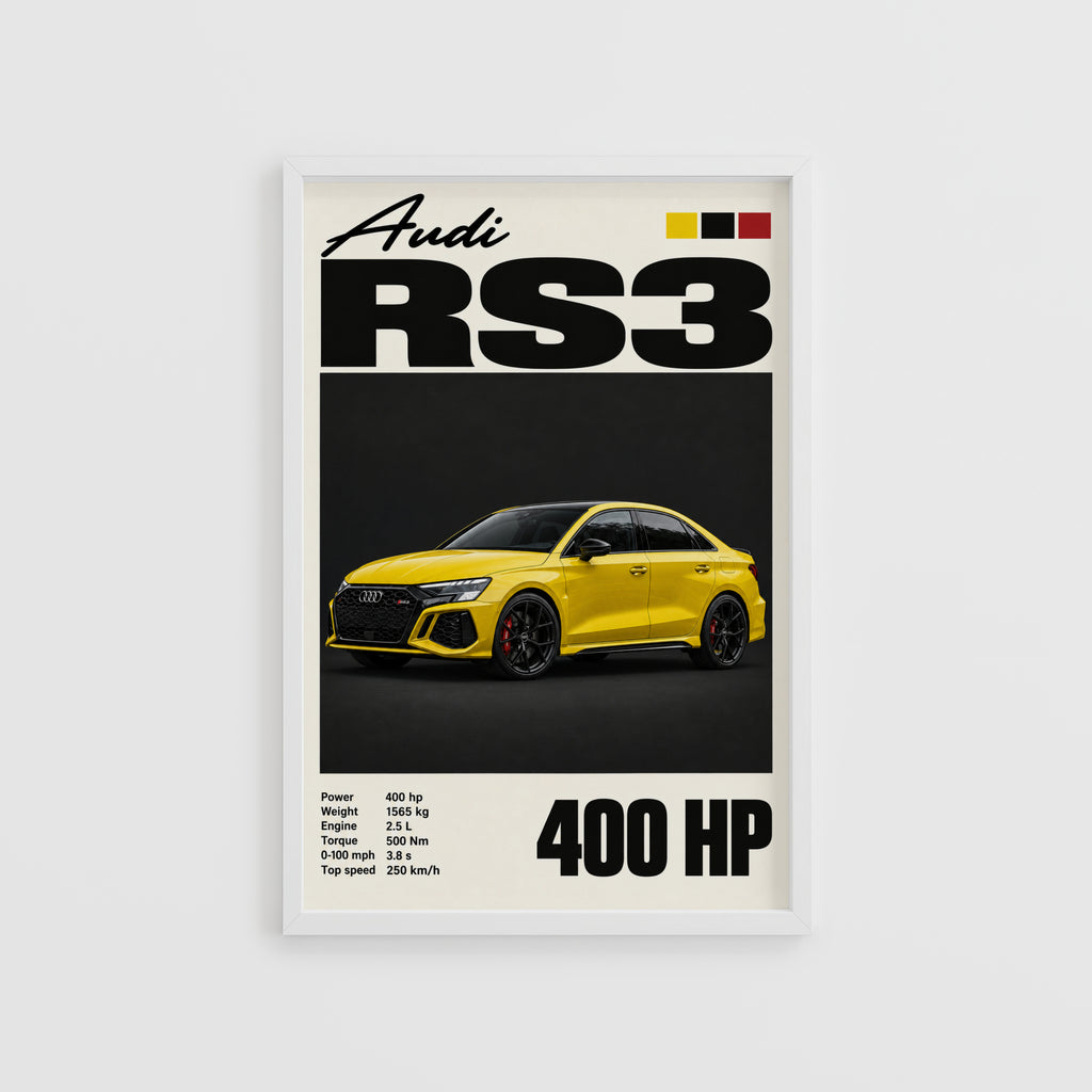Vintage Audi RS3 Print, Yellow Car Wall Art