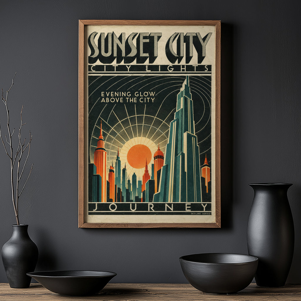 Vintage Sunset City Poster, Art Deco Skyline Print