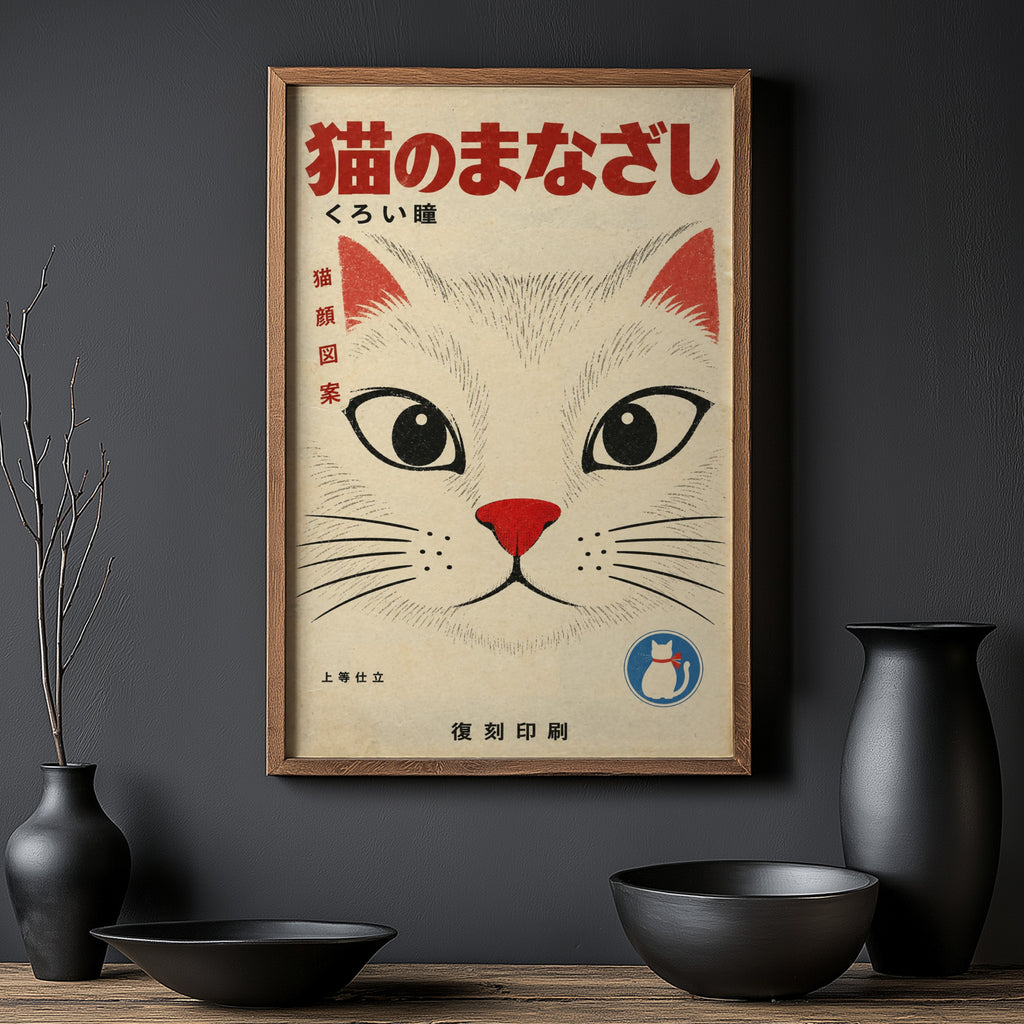 Vintage Japanese Cat Print, Poster, Retro Cat Face Art