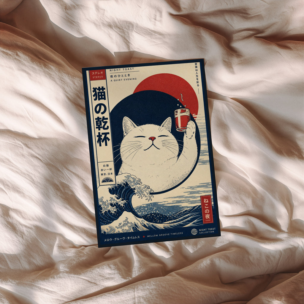 Vintage Japanese Cat Print, Great Wave Poster Wall Art