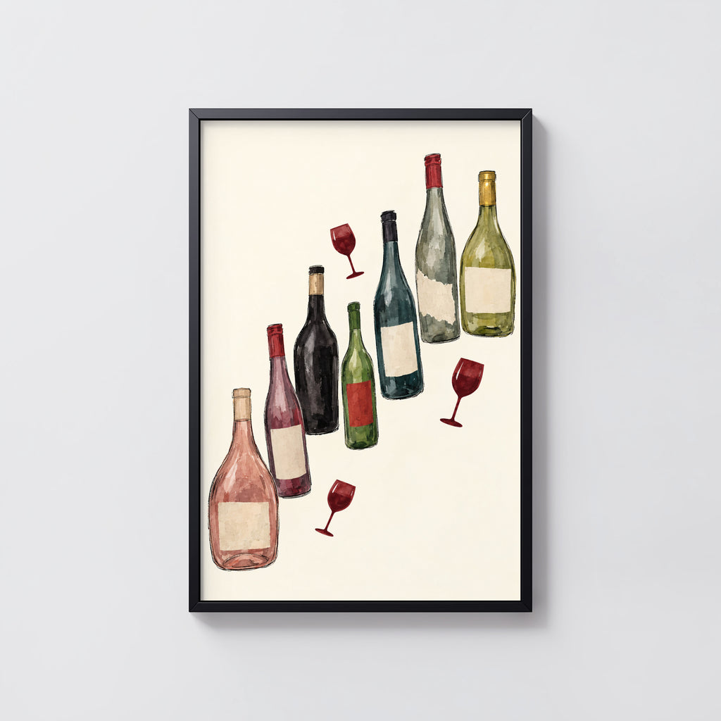 Vintage Wine Bottles Print Poster, Kitchen Wall Art