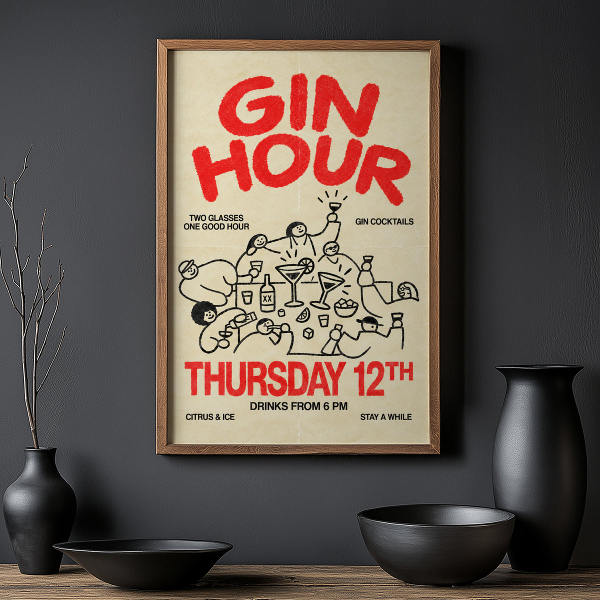 Vintage Gin Hour Print Poster, Cocktail Wall Art