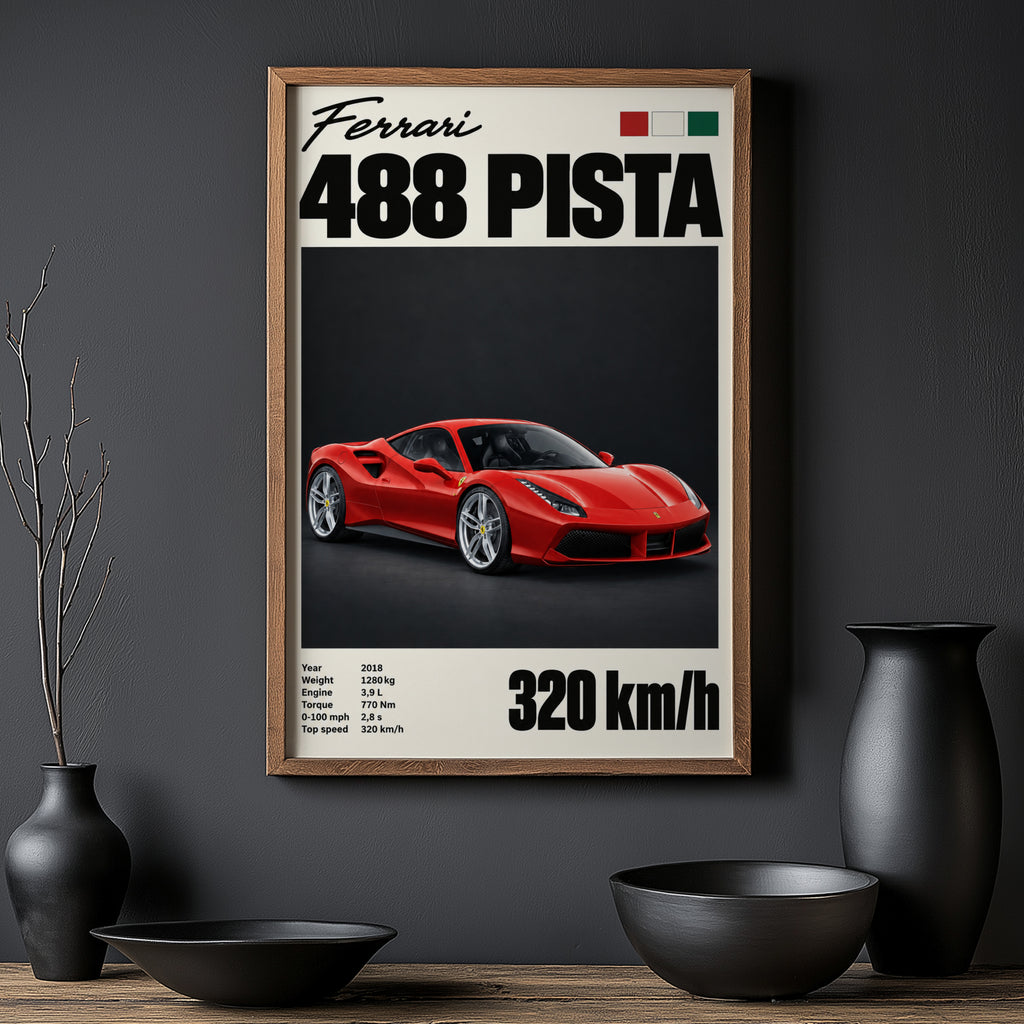 Vintage Ferrari 488 Pista Print, Supercar Wall Art