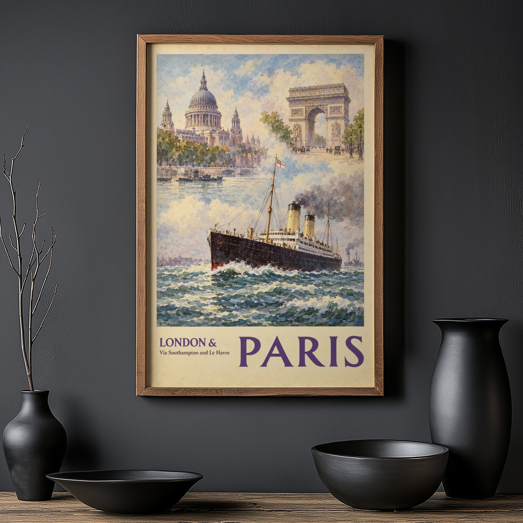 Vintage London to Paris Poster, Steamship Travel Print