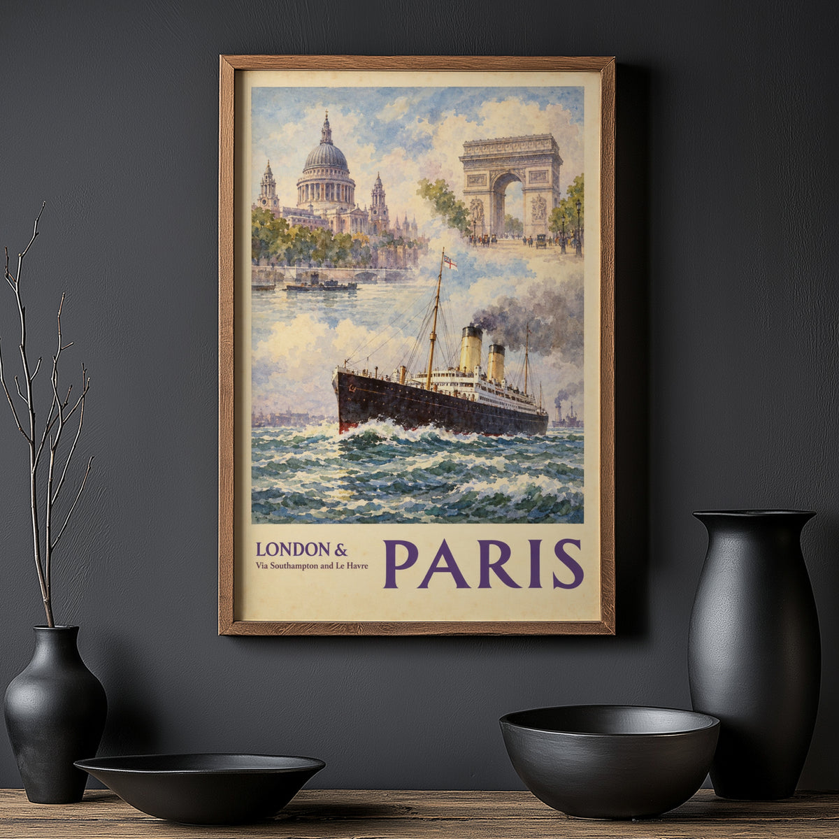 Vintage London to Paris Poster, Steamship Travel Print