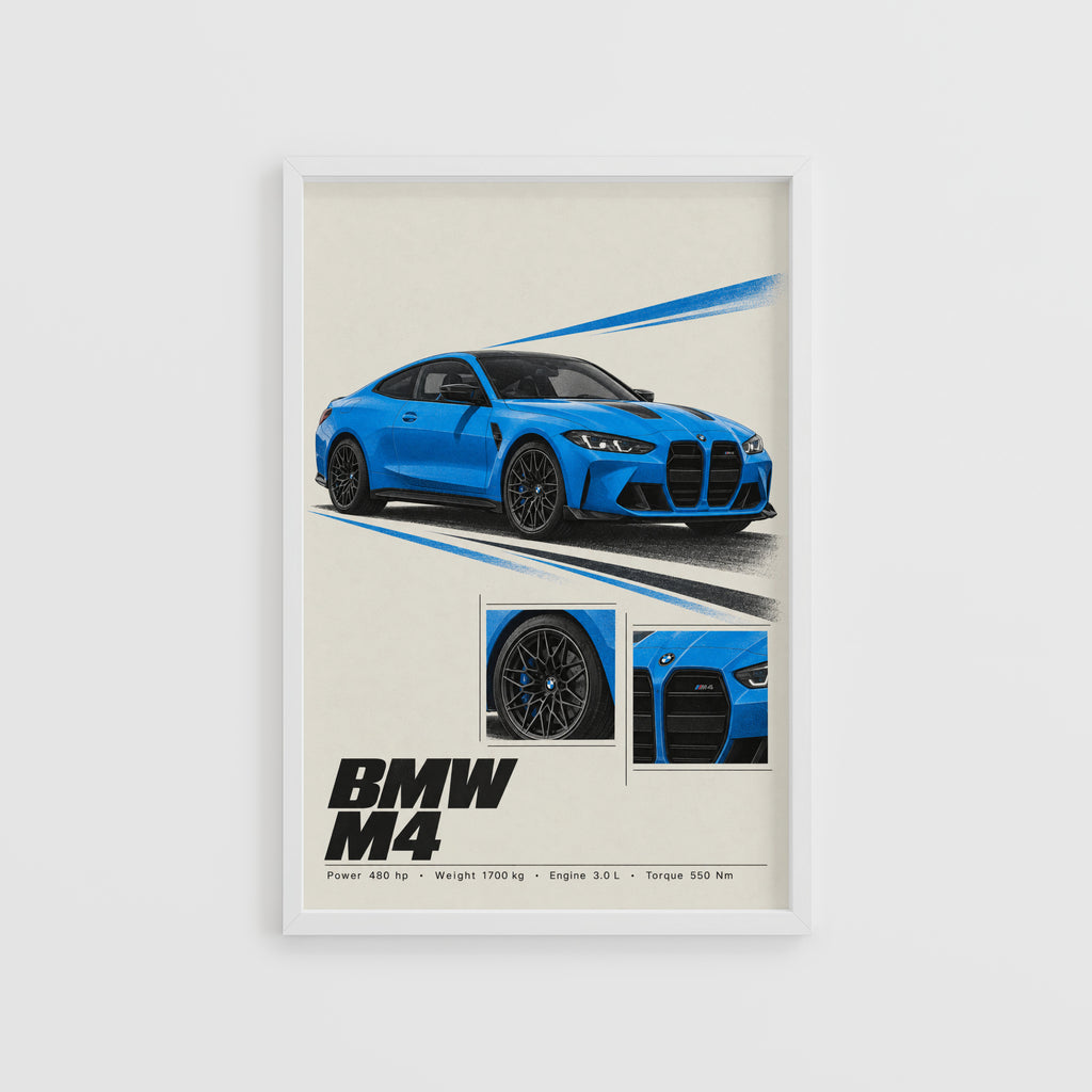 Vintage BMW M4 Print, Blue Car Wall Art