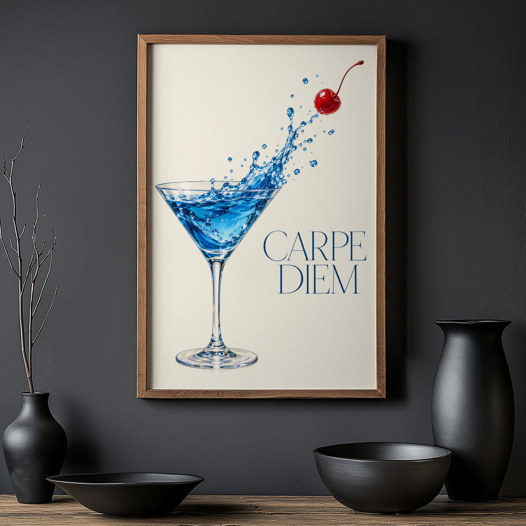 Vintage Cocktail Print Poster, Blue Martini Wall Art