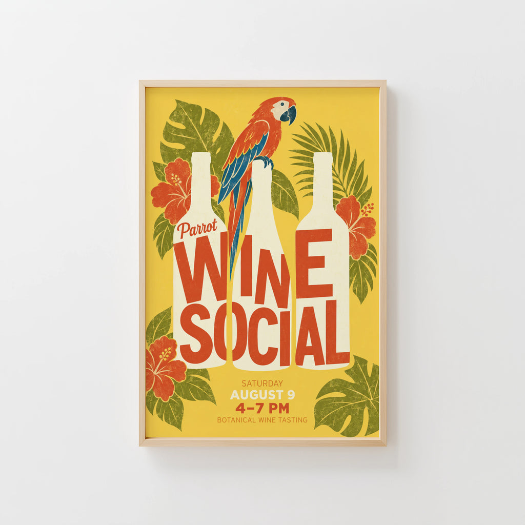 Vintage Wine Social Print Poster, Parrot Tropical Kitchen
