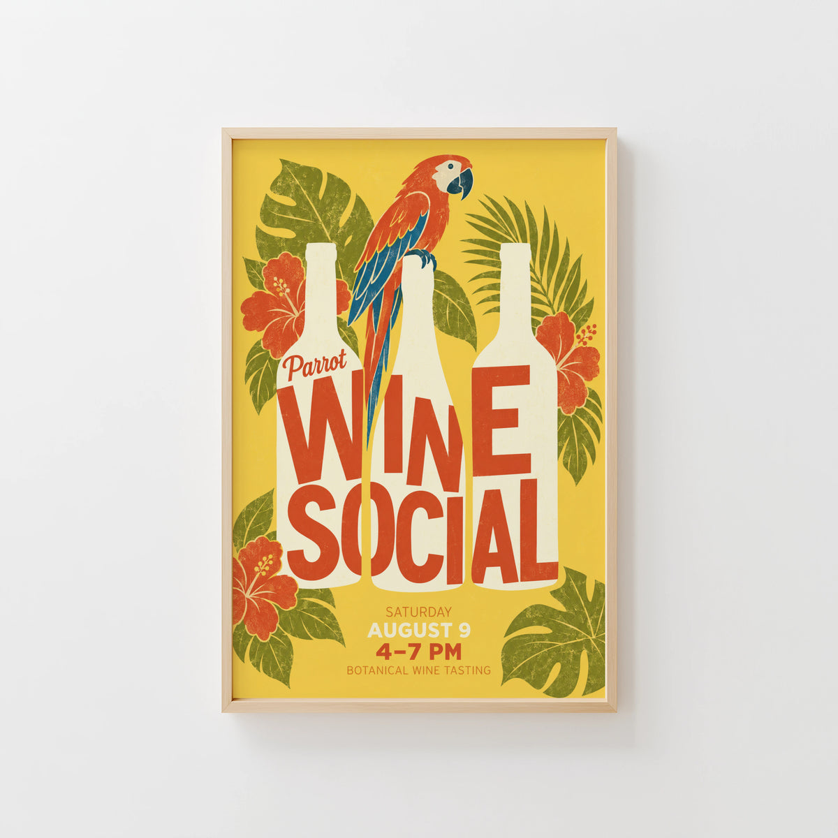Vintage Wine Social Print Poster, Parrot Tropical Kitchen