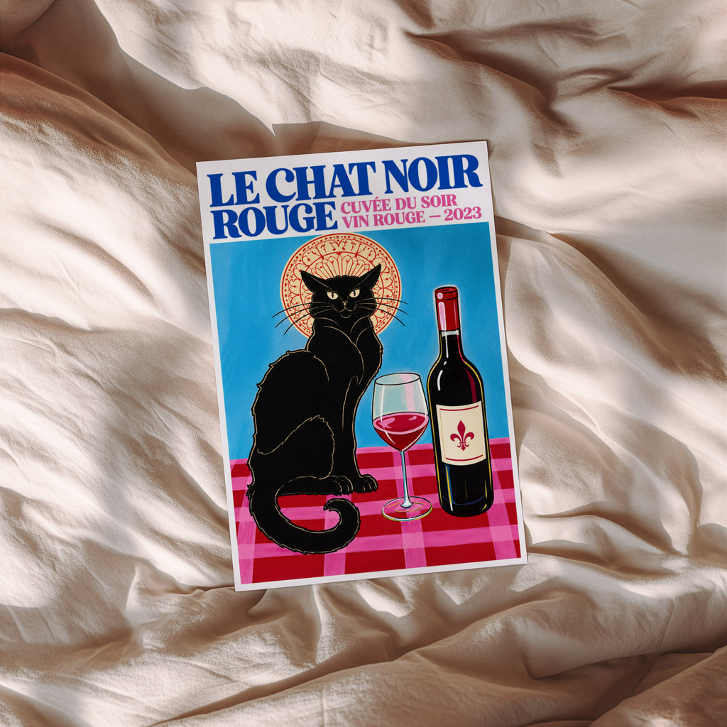 Vintage Black Cat Red Wine Print Poster, French Wall Art