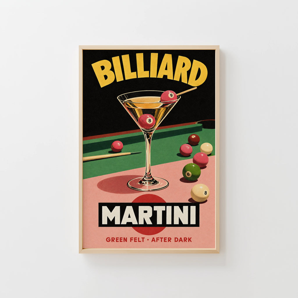 Vintage Billiard Martini Print Poster, Cocktail Bar Art