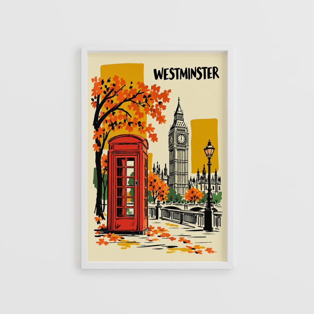 Vintage Westminster London Poster, Red Telephone Box Wall