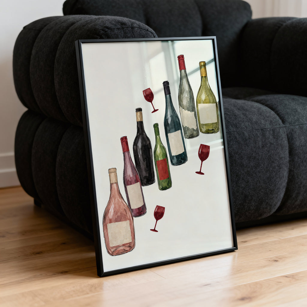 Vintage Wine Bottles Print Poster, Kitchen Wall Art