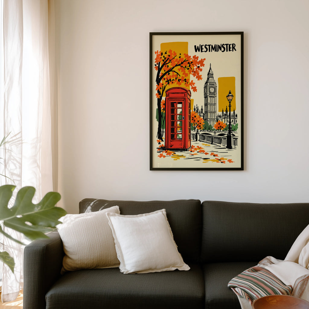 Vintage Westminster London Poster, Red Telephone Box Wall