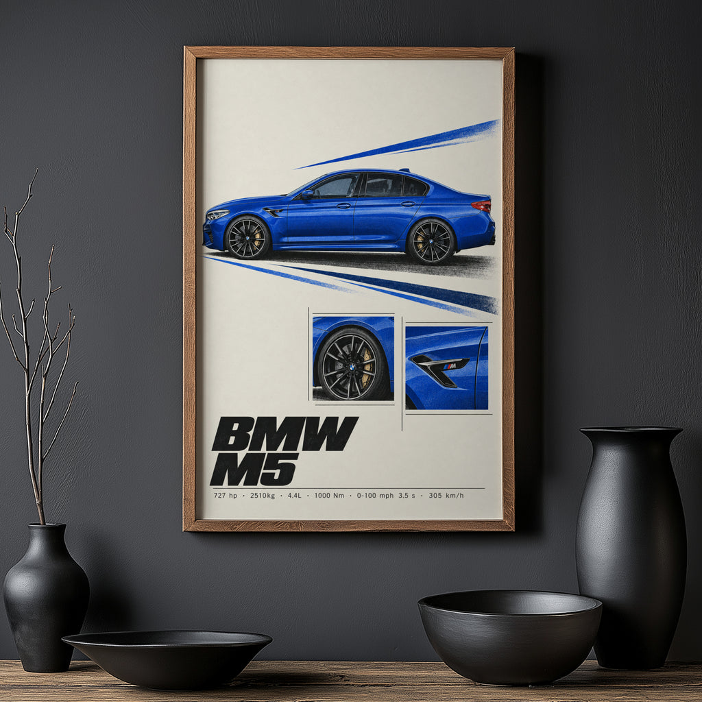 Vintage BMW M5 Print, Car Wall Art, Blue Sedan