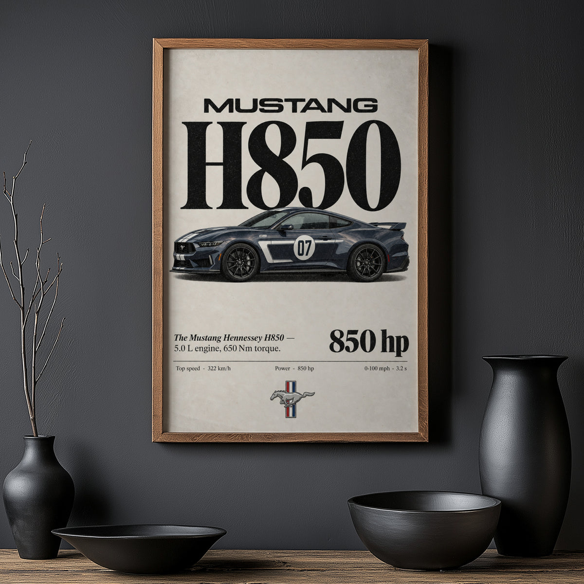 Vintage Mustang H850 Print, Car Poster, Garage Wall Art