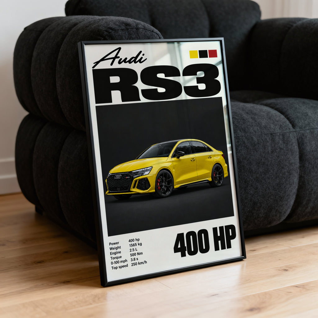 Vintage Audi RS3 Print, Yellow Car Wall Art