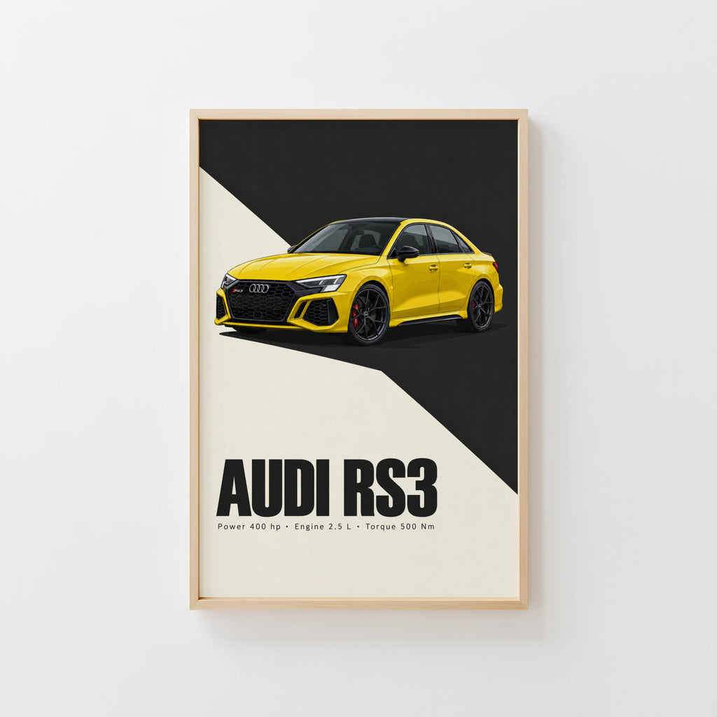 Vintage Audi RS3 Print, Yellow Car Wall Art