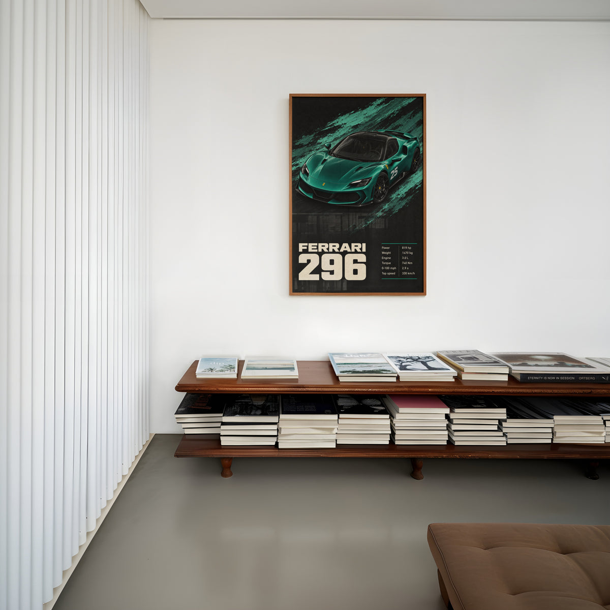Vintage Ferrari 296 Print, Teal Car Wall Art