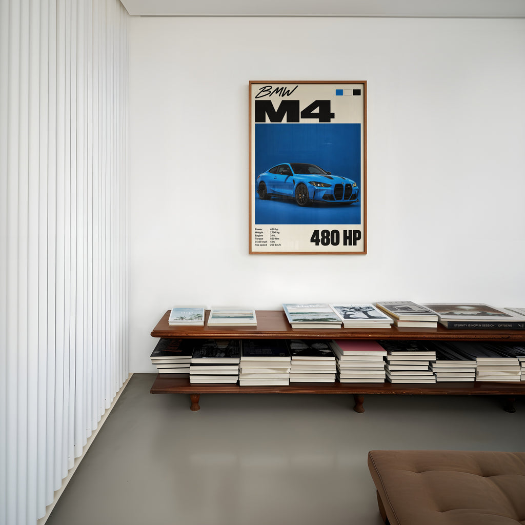 Vintage BMW M4 Print, Blue Coupe Car Wall Art