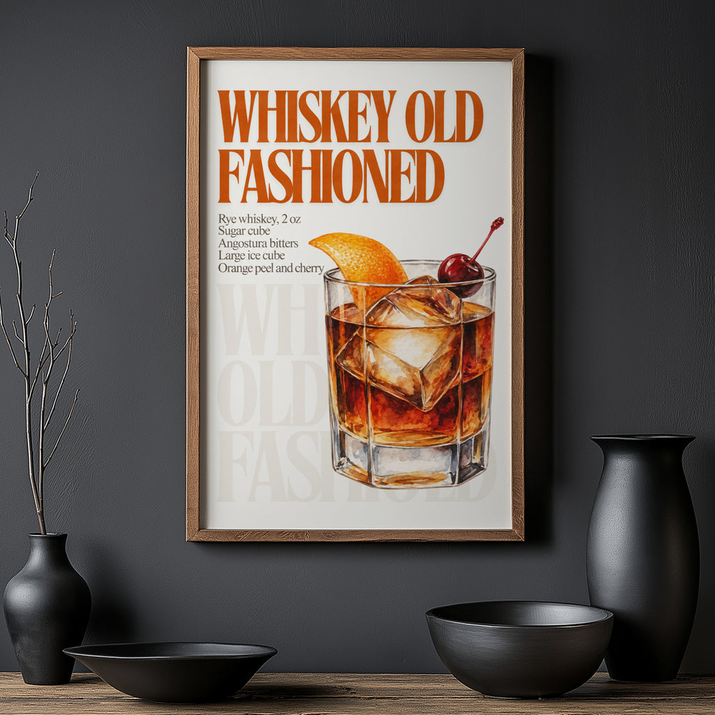 Vintage Old Fashioned Cocktail Print Poster, Bar Art