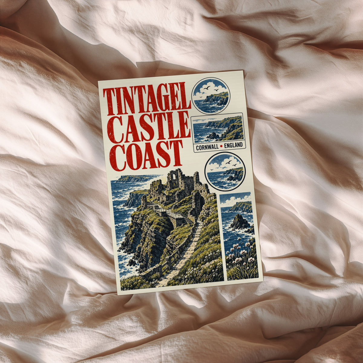 Vintage Tintagel Castle Poster, Cornwall Coast Print