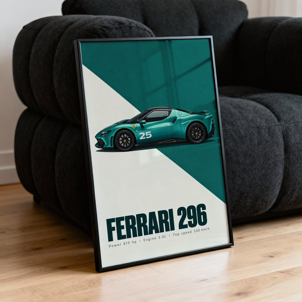 Vintage Ferrari 296 Print, Teal Car Wall Art