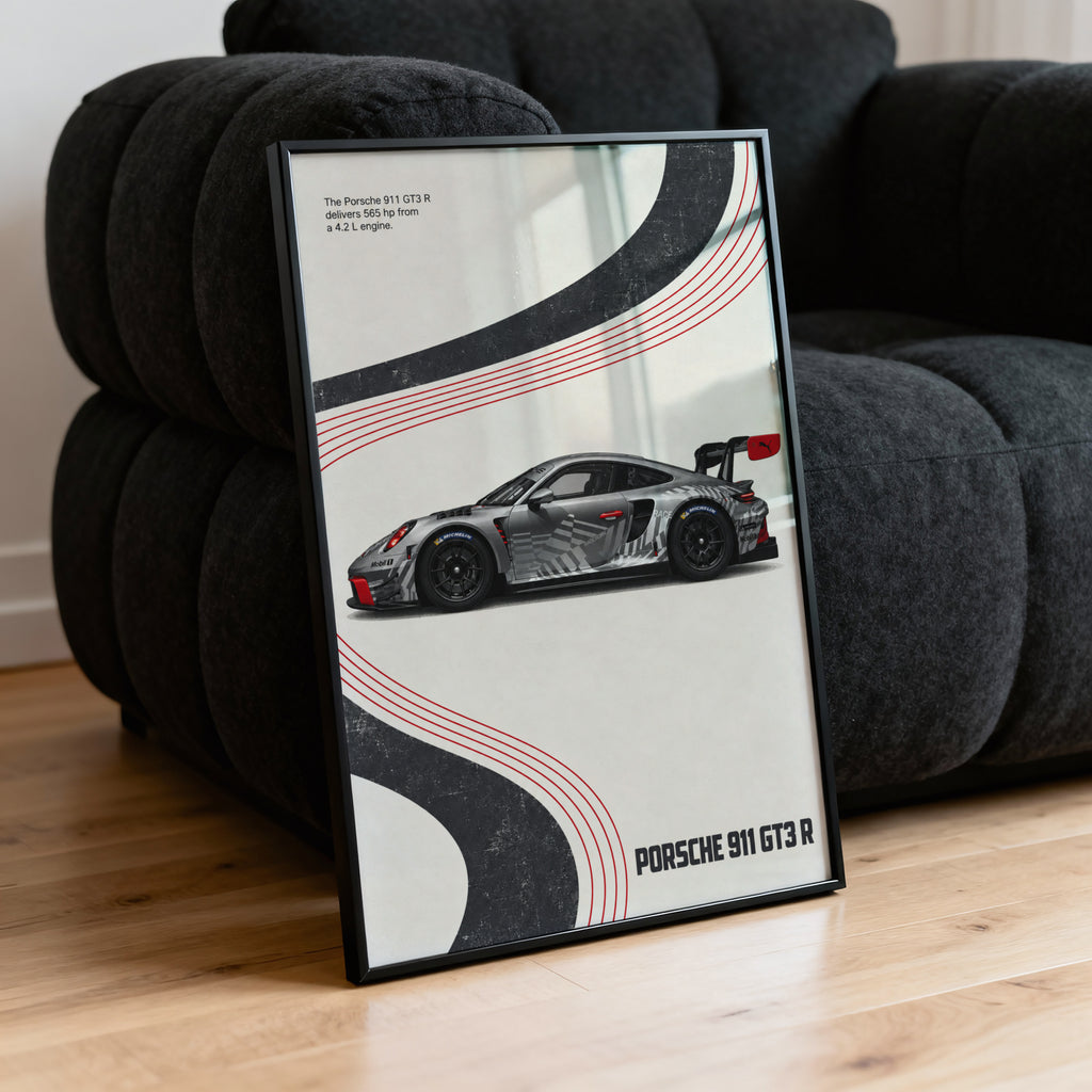 Vintage Porsche 911 GT3 R Print, Racing Wall Art