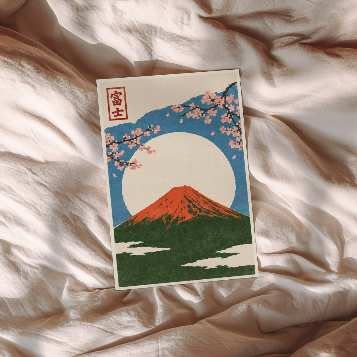 Vintage Mount Fuji Print, Japanese Poster, Cherry Blossom