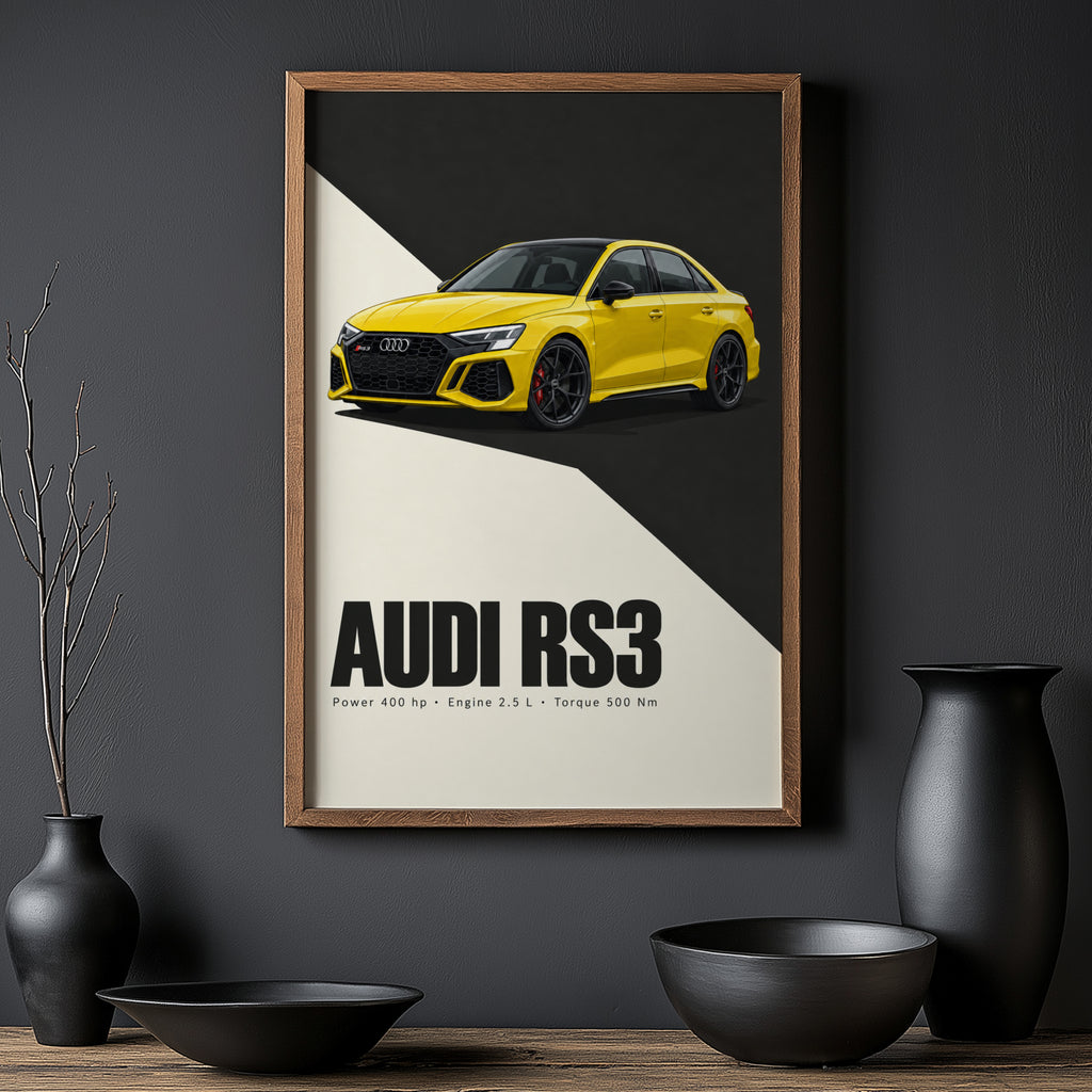Vintage Audi RS3 Print, Yellow Car Wall Art