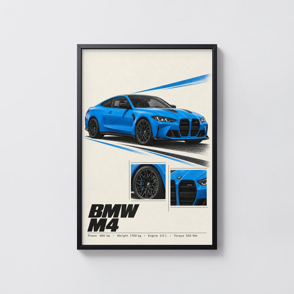 Vintage BMW M4 Print, Blue Car Wall Art
