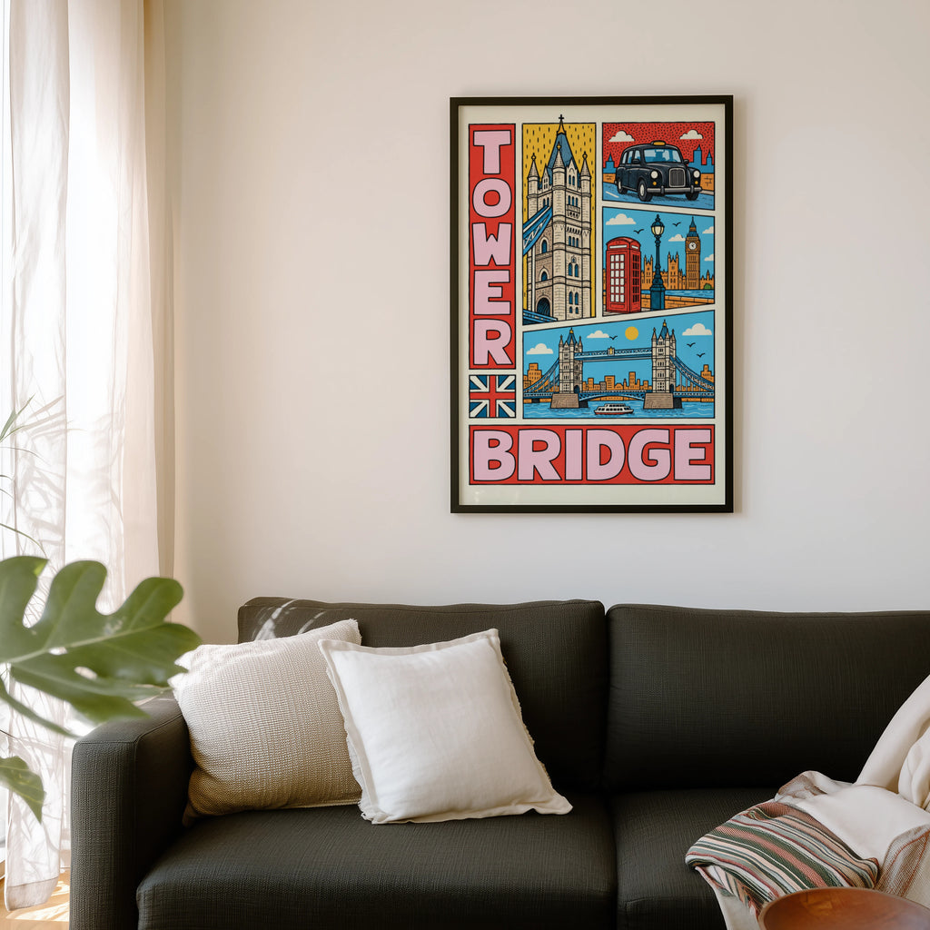 Vintage Tower Bridge London Poster, Colourful Wall Art Print