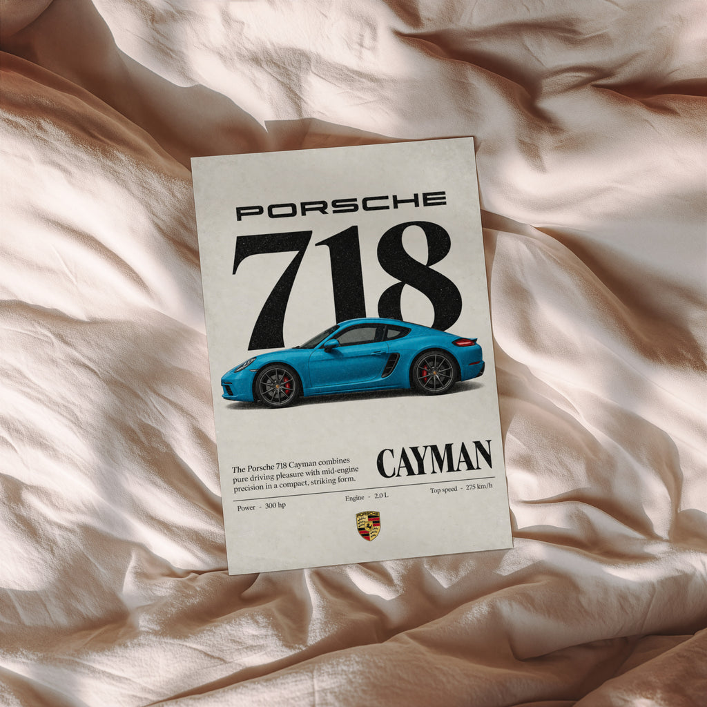 Vintage Print, Porsche 718 Cayman Blue Car Art