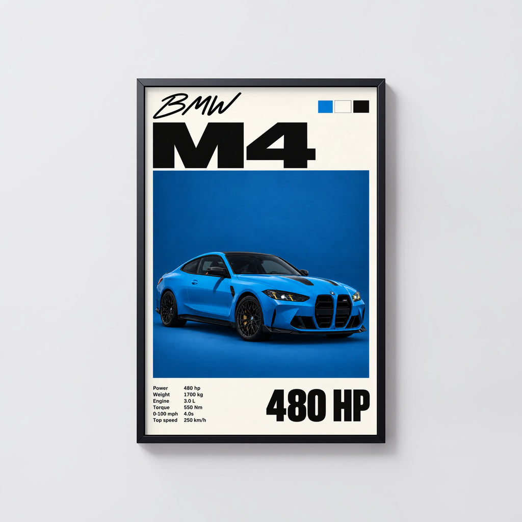 Vintage BMW M4 Print, Blue Coupe Car Wall Art