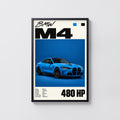 Vintage BMW M4 Print, Blue Coupe Car Wall Art