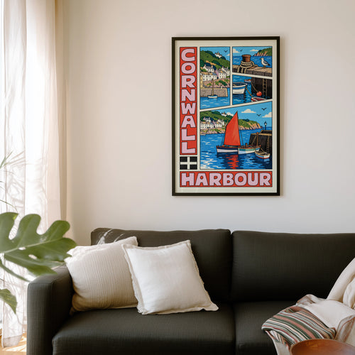 Vintage Cornwall Harbour Poster, Cornish Coast Wall Art