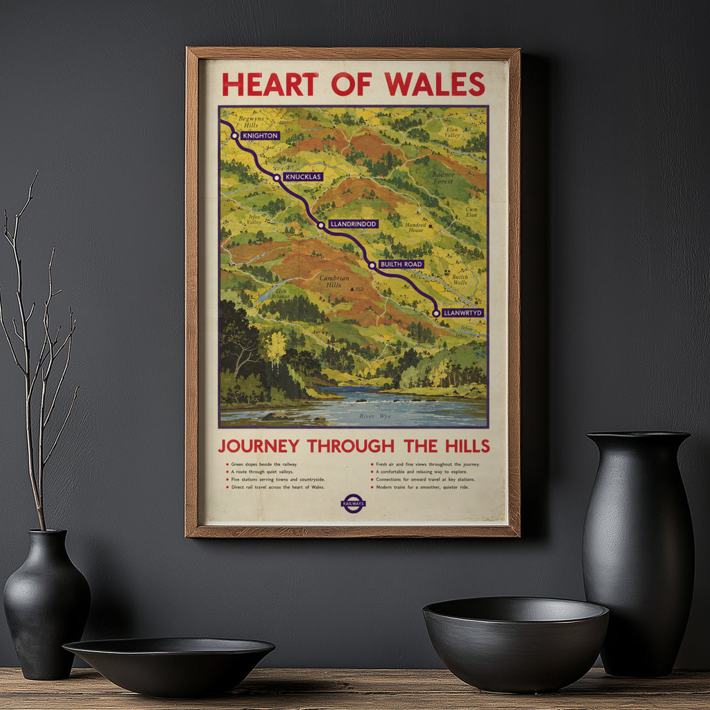 Vintage Heart of Wales Railway Print Poster, Welsh Hills